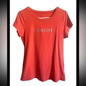 Y2K Hot Coral Bebe Rhinestone Top Sz L Logo Orange Tshirt Slim Spring Summer Tee